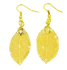 Real Leaf Hook Drop EARRINGS ROSE Genuine LEAF in 24K Yellow Gold