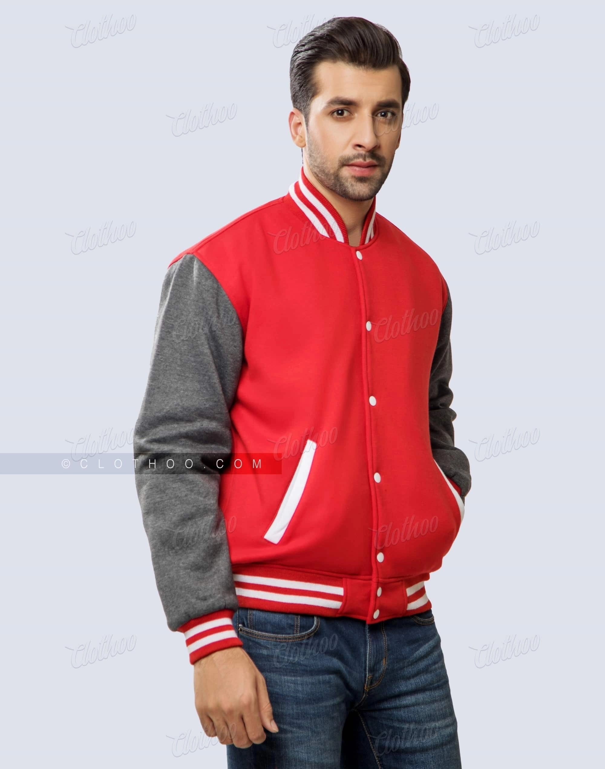 Red and Dark Grey Fleece Letterman Jacket | Clothoo