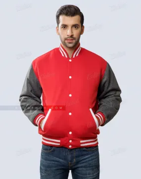 Red and Dark Grey Fleece Letterman Jacket | Clothoo