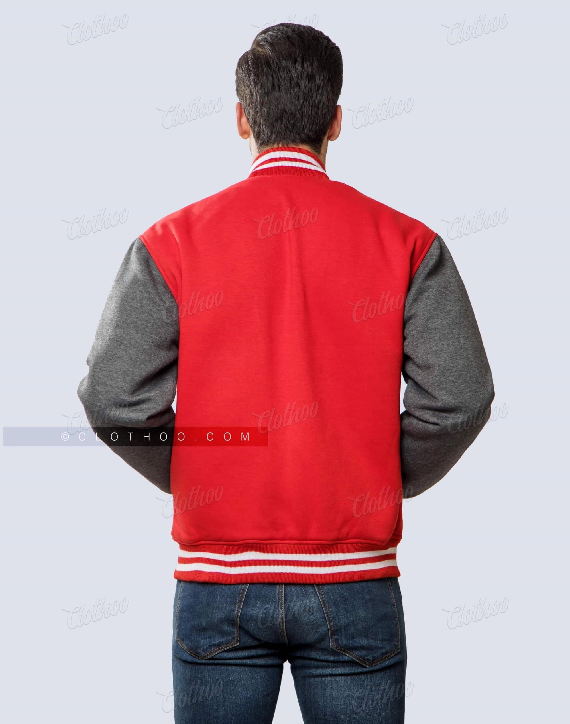 Red and Dark Grey Fleece Letterman Jacket | Clothoo