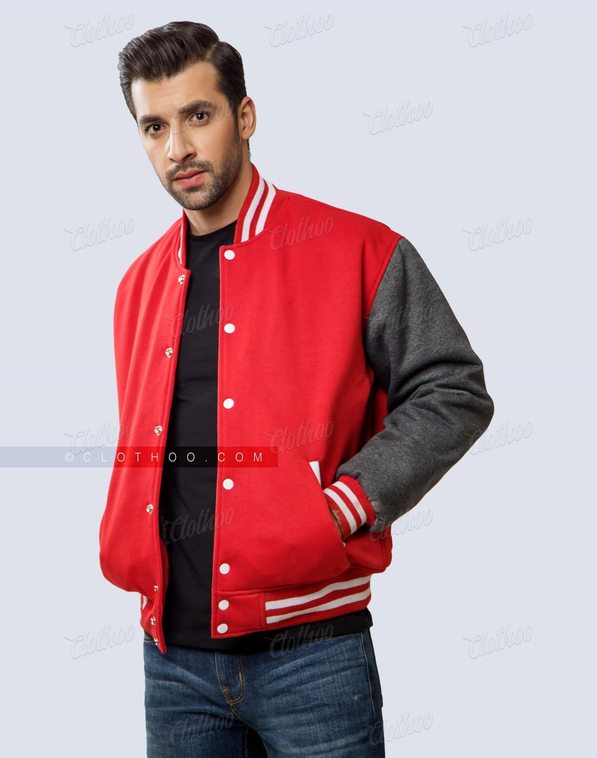 Red and Dark Grey Fleece Letterman Jacket | Clothoo