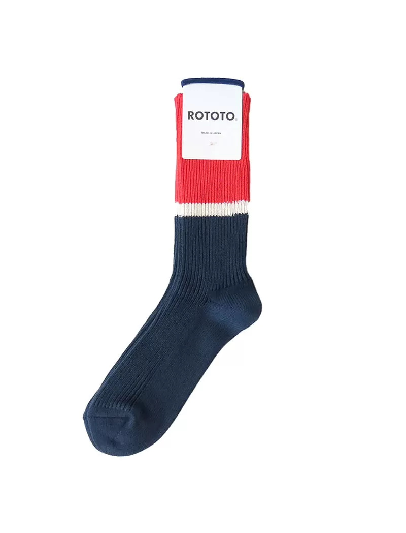 Rototo Bicolor Ribbed Crew Socks Light Red / Ink Blue