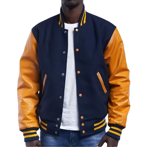 Royal Wool Body & Bright Gold Leather Sleeves Letterman Jacket 