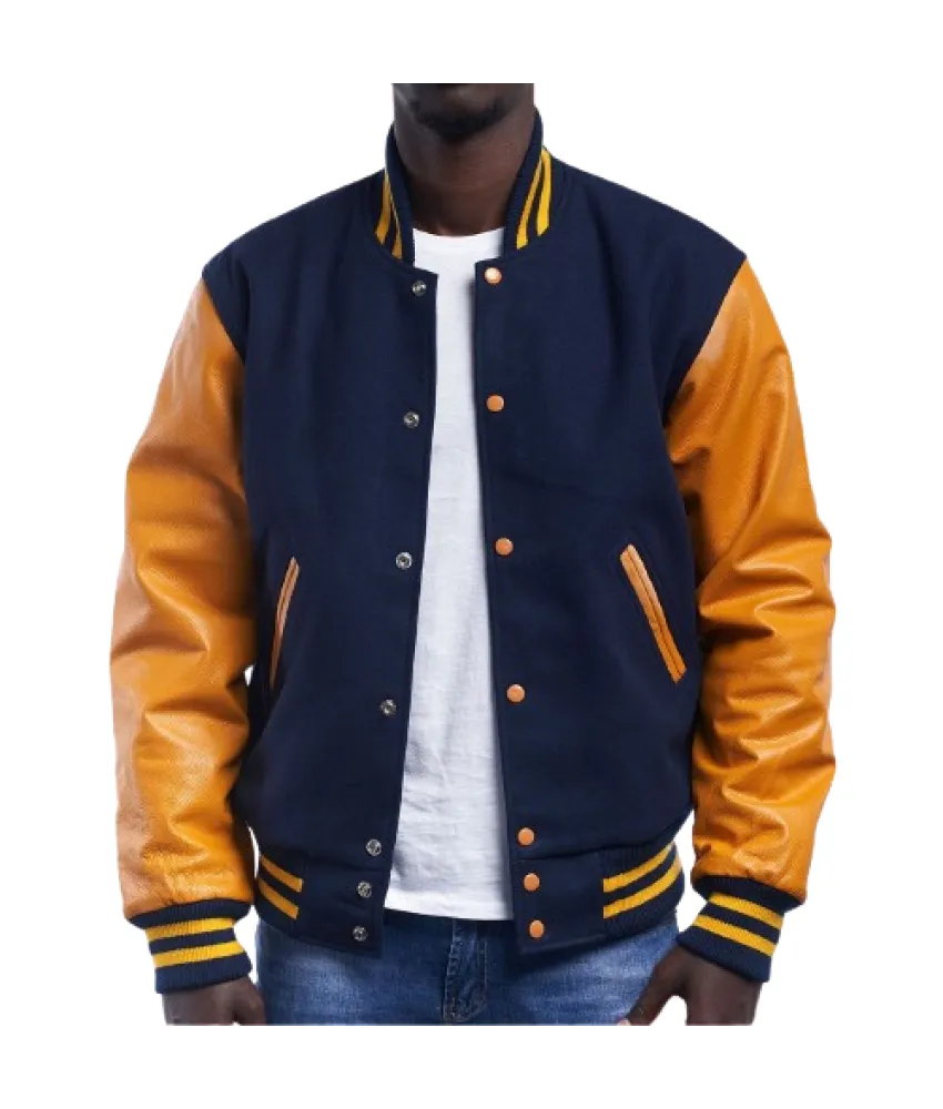 Royal Wool Body & Bright Gold Leather Sleeves Letterman Jacket 