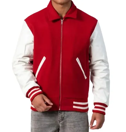 Scarlet Wool Body & White Leather Sleeves Letterman Jacket With Byron Collar 