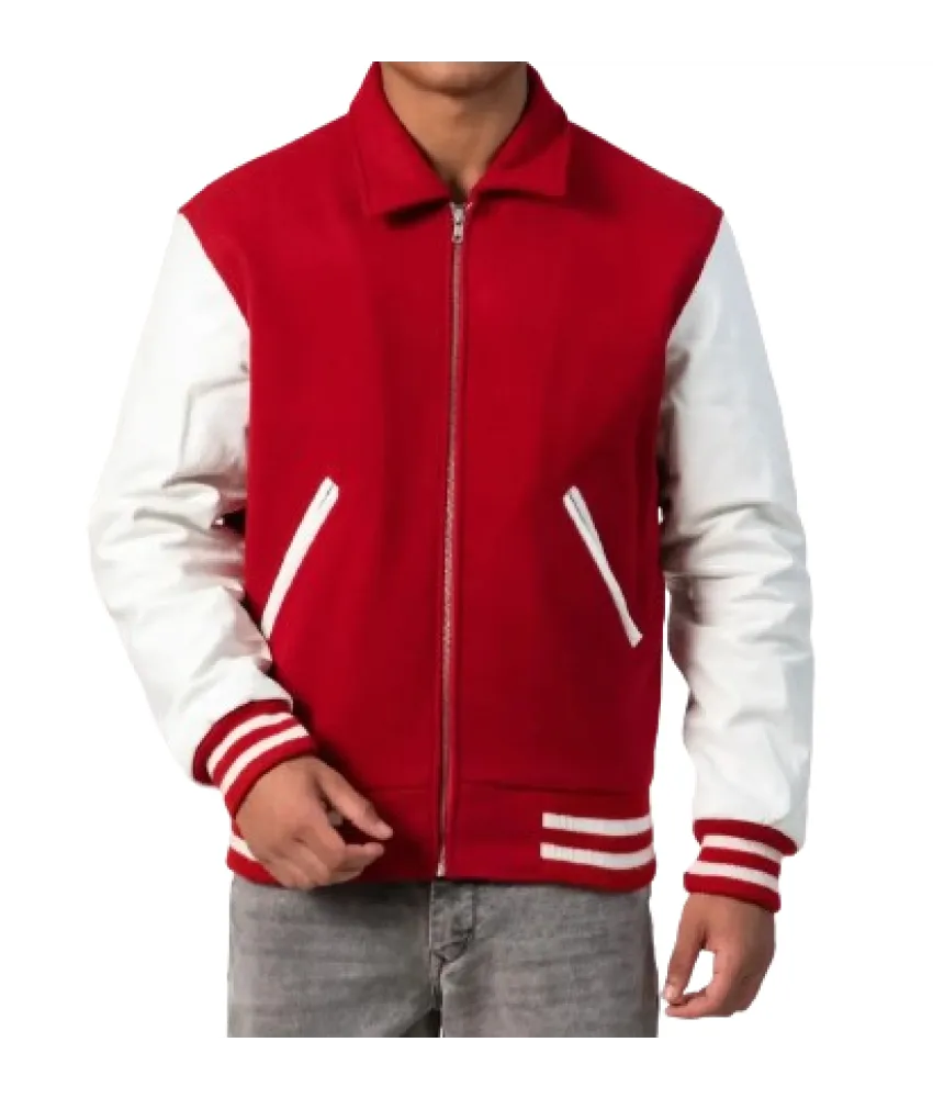 Scarlet Wool Body & White Leather Sleeves Letterman Jacket With Byron Collar 