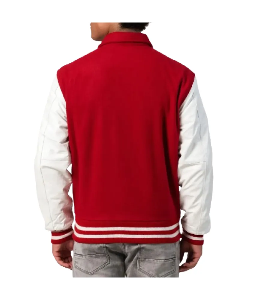 Scarlet Wool Body & White Leather Sleeves Letterman Jacket With Byron Collar 