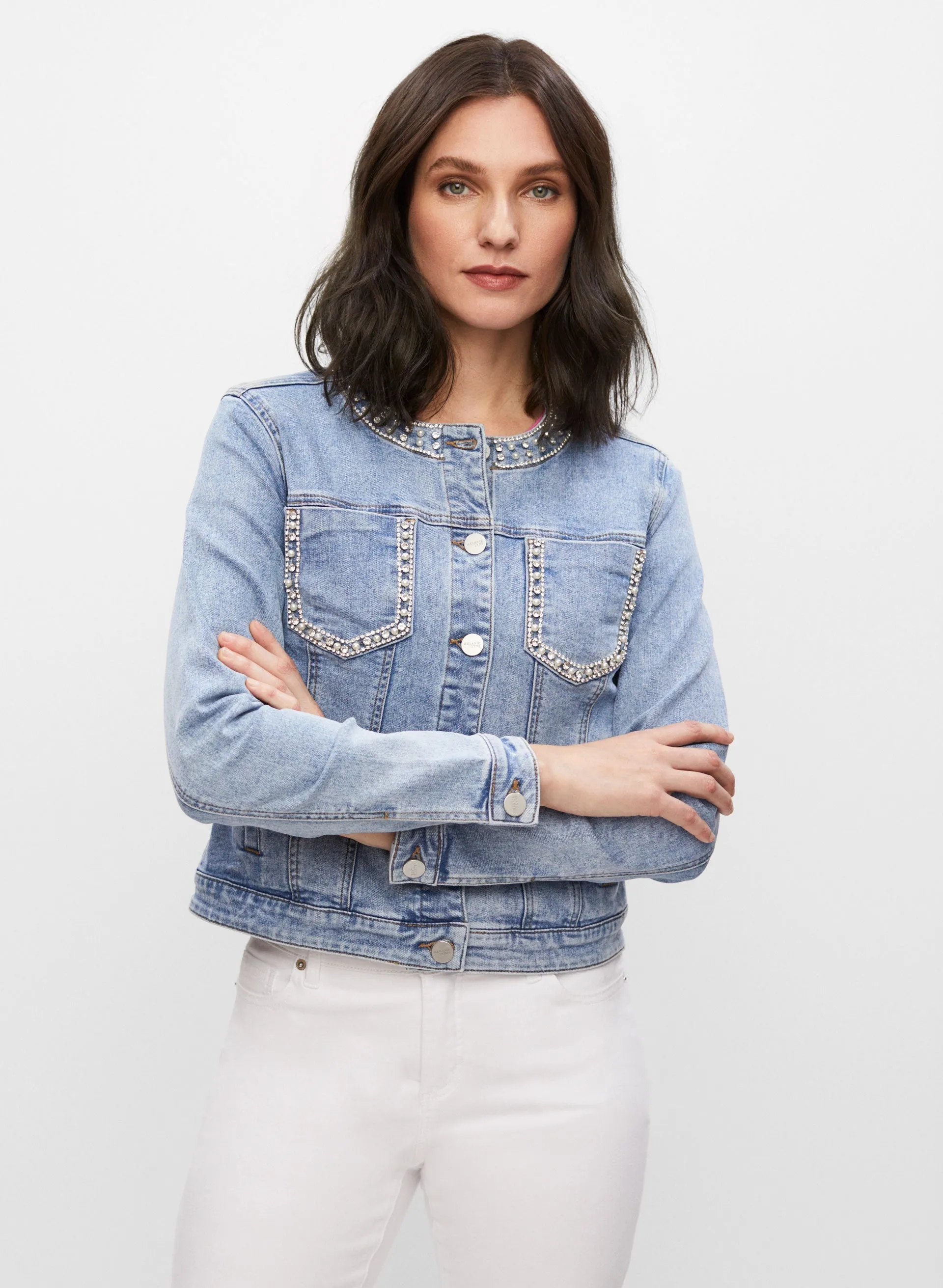 Short Pearl Detail Denim Jacket