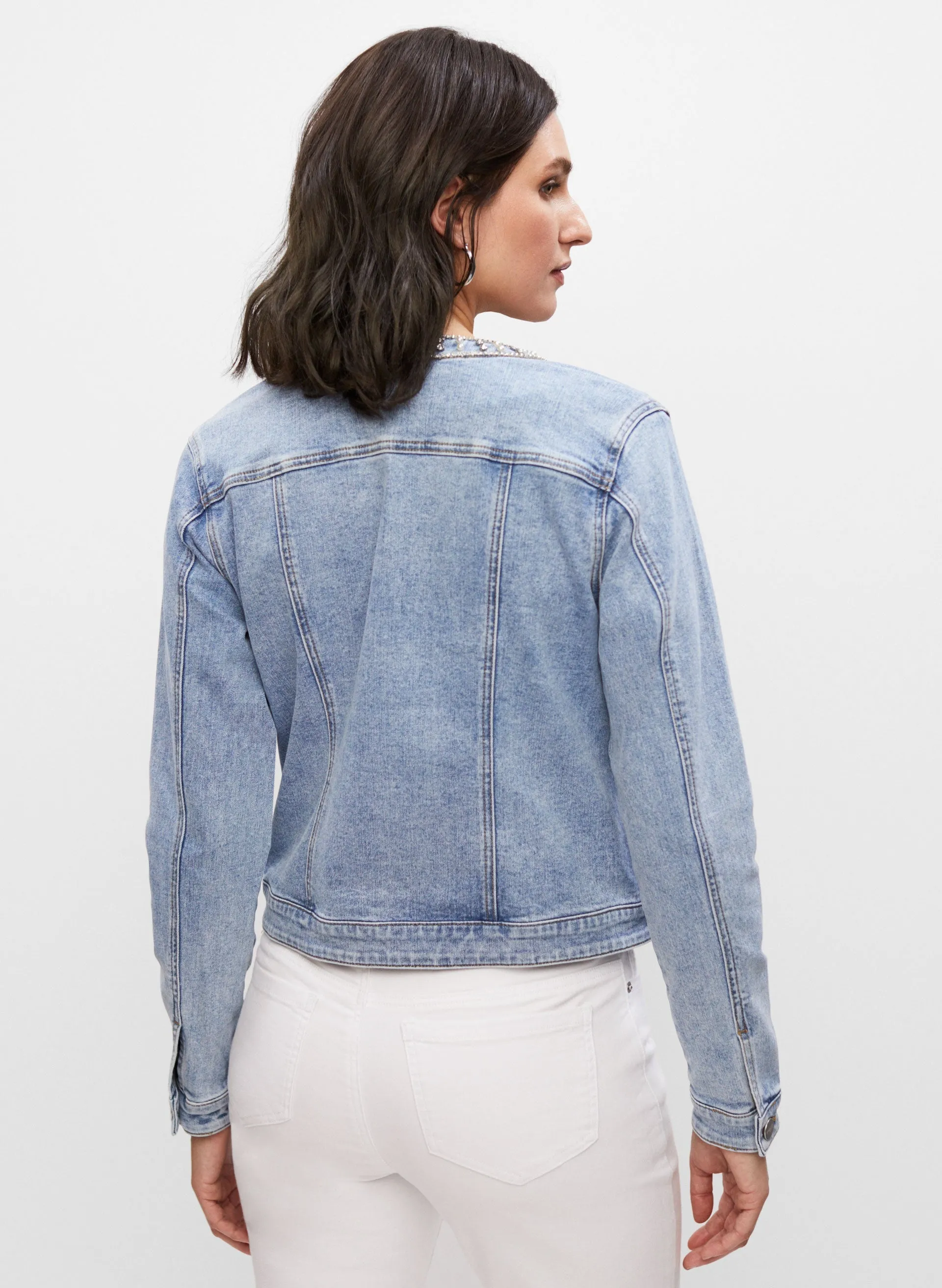 Short Pearl Detail Denim Jacket