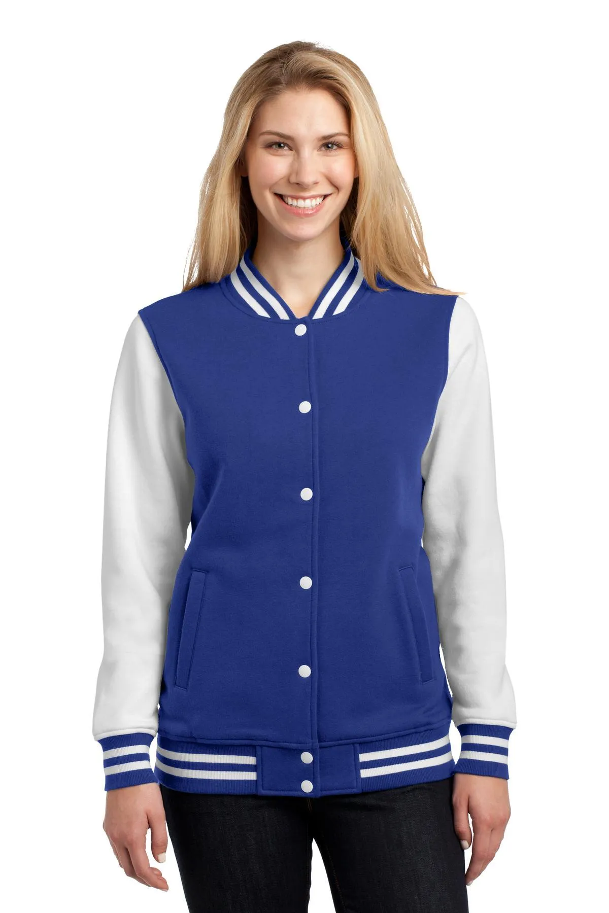 Sport-Tek Ladies Fleece Letterman Jacket LST270 True Royal/ White