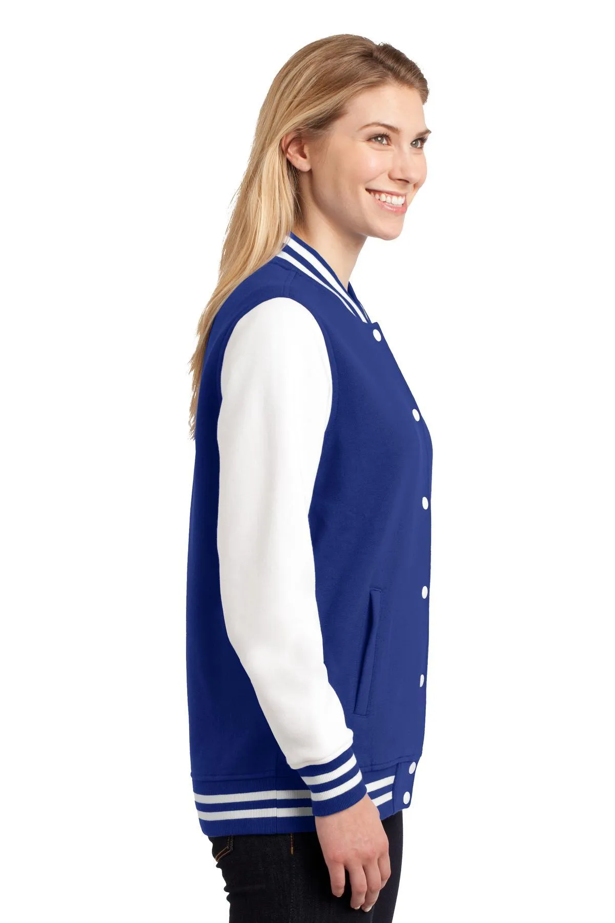 Sport-Tek Ladies Fleece Letterman Jacket LST270 True Royal/ White