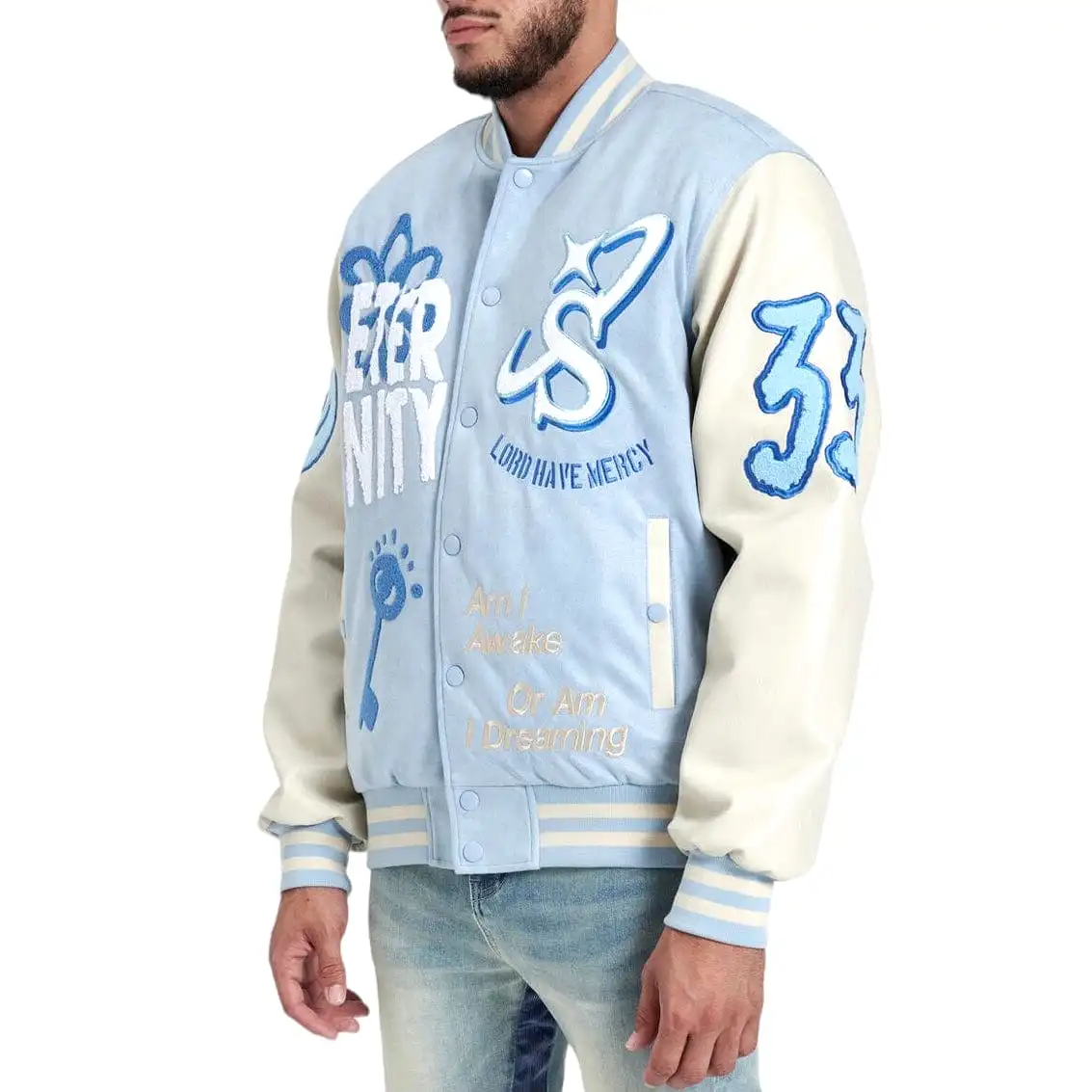 Sugar Hill Mercy Suede Letterman Jacket (Baby Blue Suede) SH24-SPR1-11