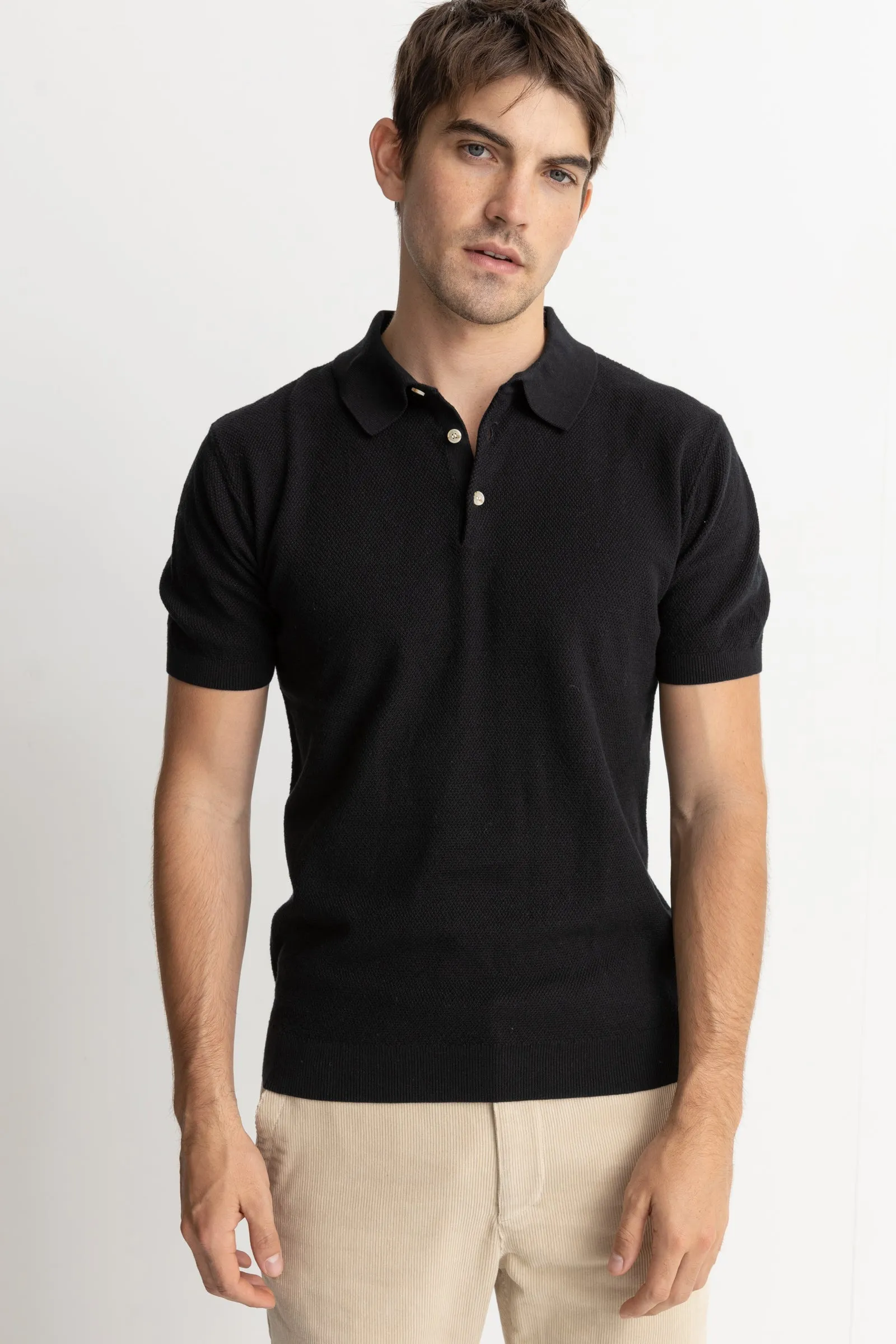 Textured Knit Ss Polo Black