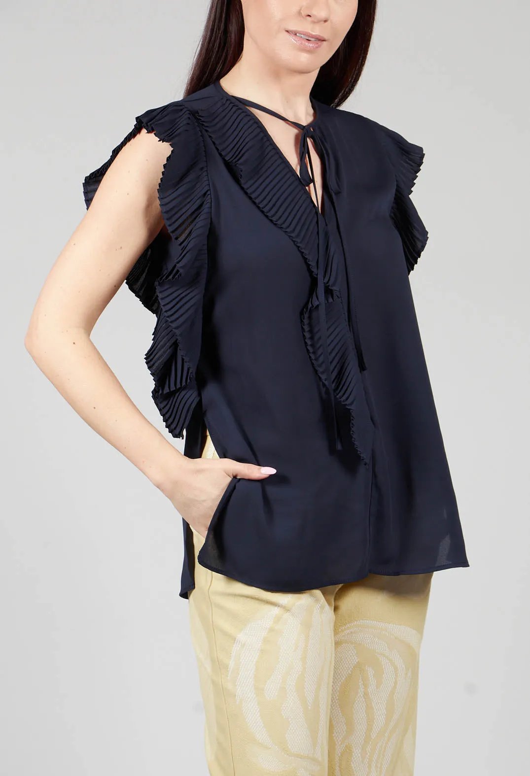 Top with Pleated Ruffles in Dark Blue