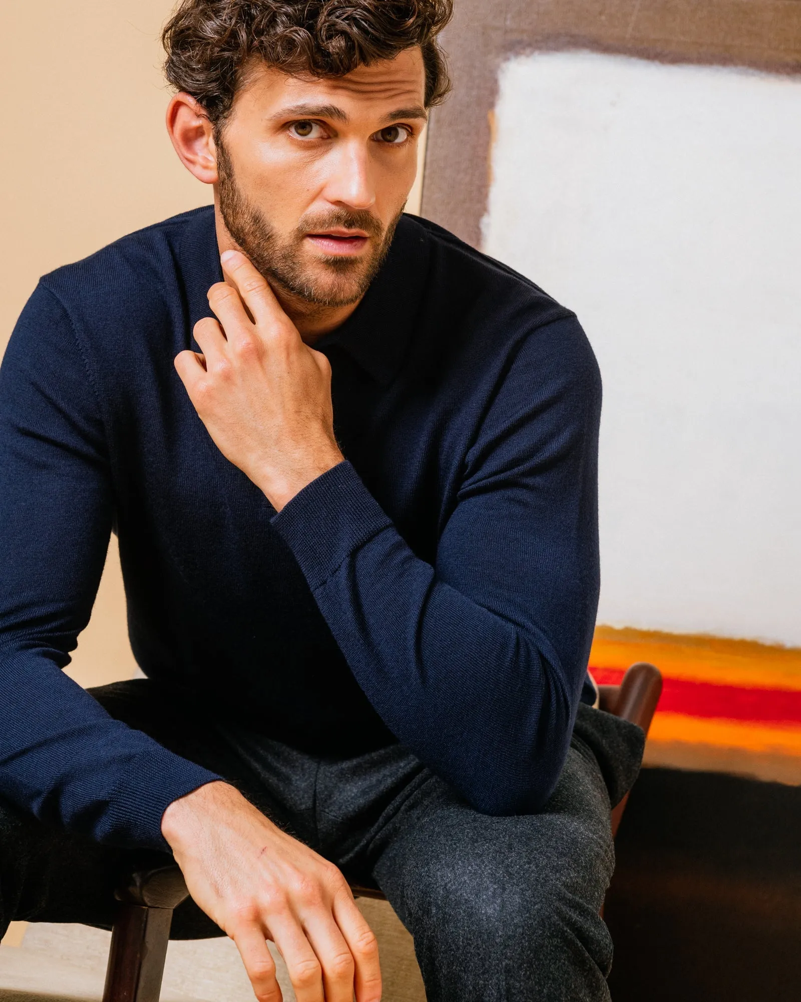 Trunk Enford Merino Knit Long Sleeve Polo Shirt: Navy