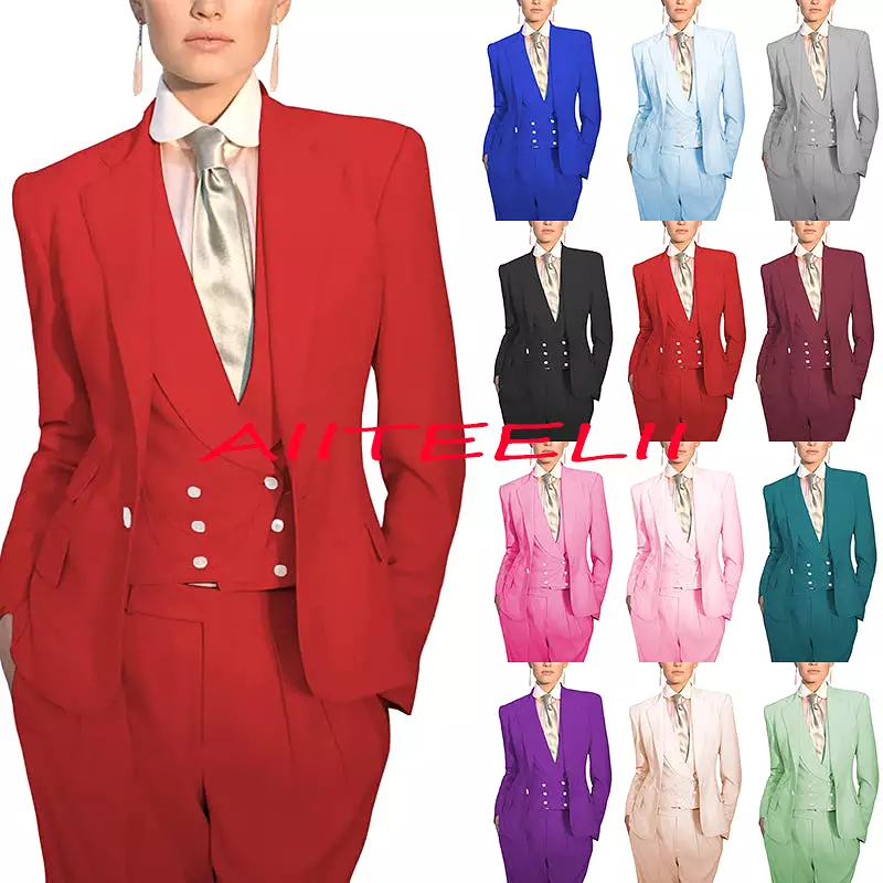 Women Suit 3 Piece Business Formal Work Wear Slim Pants Suit Blazer + Pants